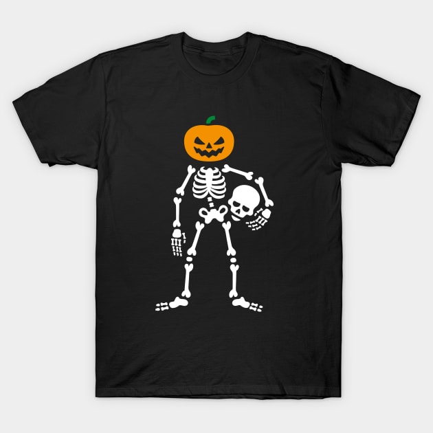 Skeleton holding skull - pumpkin Head Halloween T-Shirt by LaundryFactory